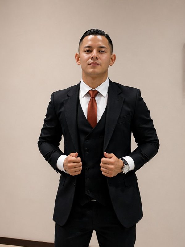 Joven con traje negro de tres piezas y corbata terracota para graduación